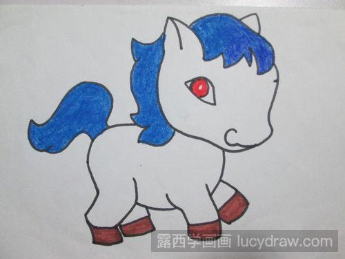 5,然后给小马的身体和脸部涂色,这里我用浅蓝色,因为是幼儿画,孩子