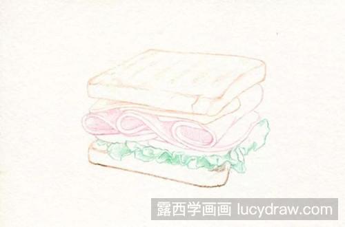 美食彩铅步骤：三明治怎么画?