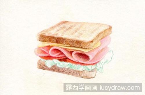 美食彩铅步骤：三明治怎么画?
