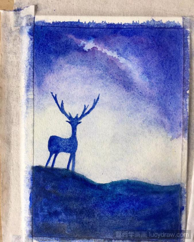 夜空下的小麋鹿水彩画教程
