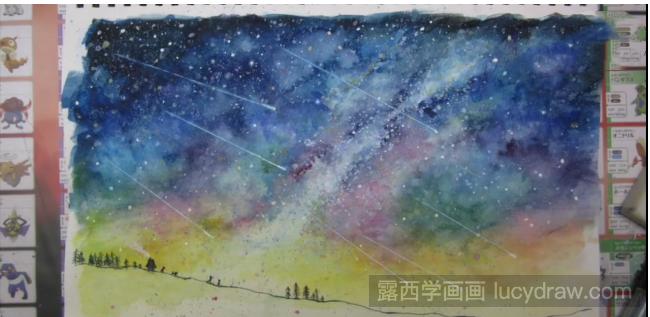 流星雨绘画教程，星空水彩画画法