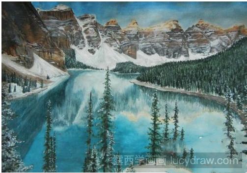雪山蓝天和湖水绘画教程分享，水粉风景画如何画？