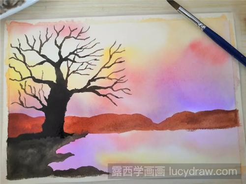 夕阳下的枯树怎么画？基础水彩画过程分享
