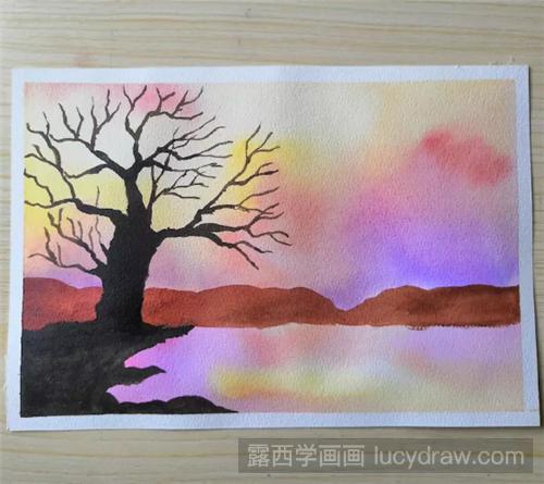 夕阳下的枯树怎么画？基础水彩画过程分享