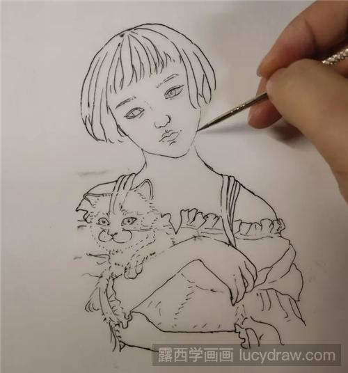 抱猫的小女孩怎么画？怎么画一个抱着透明猫的女孩插画？