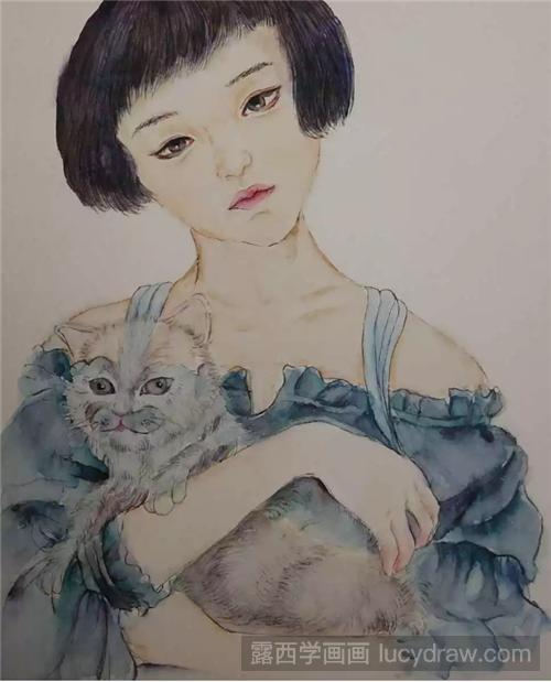 抱猫的小女孩怎么画？怎么画一个抱着透明猫的女孩插画？