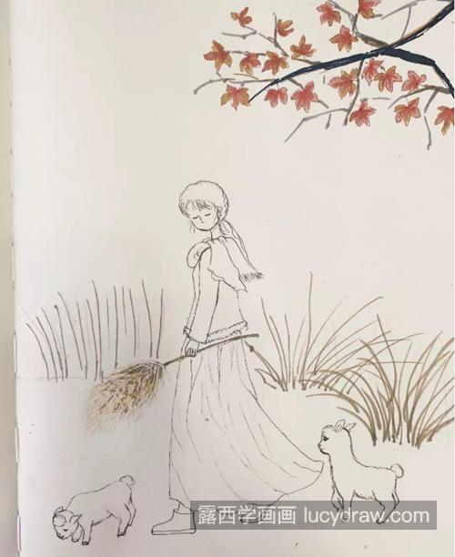 枫叶下的女孩和狗怎么画？详细的插画步骤是什么？
