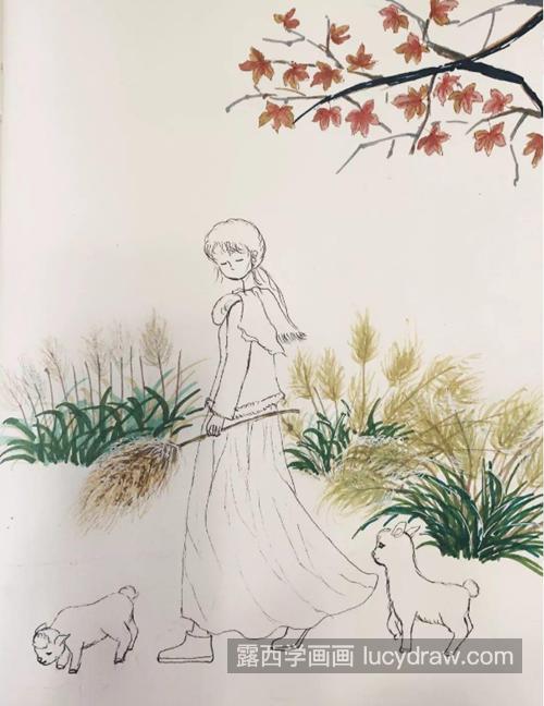 枫叶下的女孩和狗怎么画？详细的插画步骤是什么？