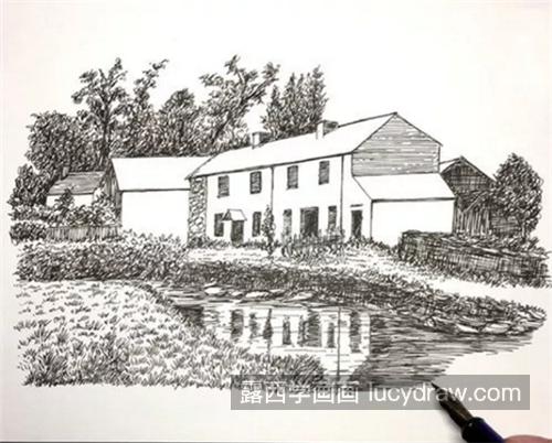 老房子的池塘怎么画？钢笔画如何排线？