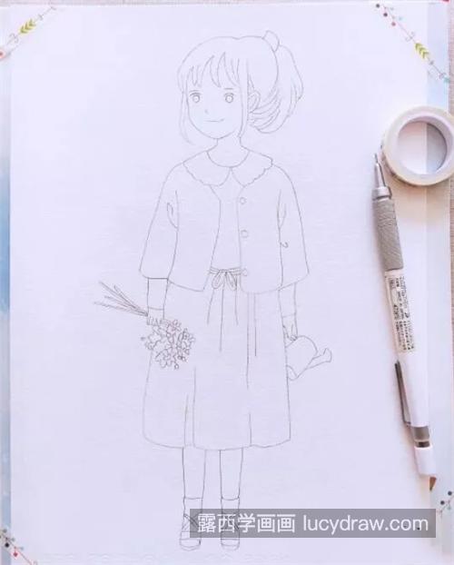 拿花的小姑娘怎么画？如何画一个简单的水彩小插画？