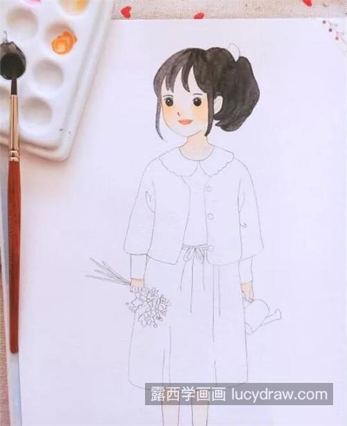 拿花的小姑娘怎么画？如何画一个简单的水彩小插画？