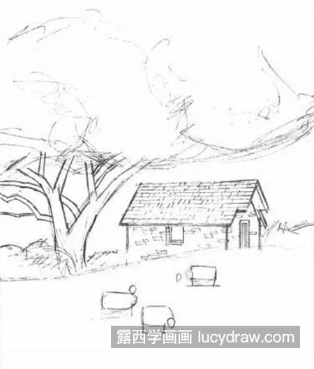 草地上的羊群和房子怎么画？绘画过程是什么？