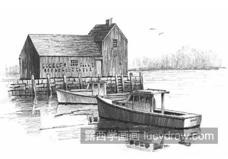 如何画水上的房屋和船只？具体绘画方法是什么？