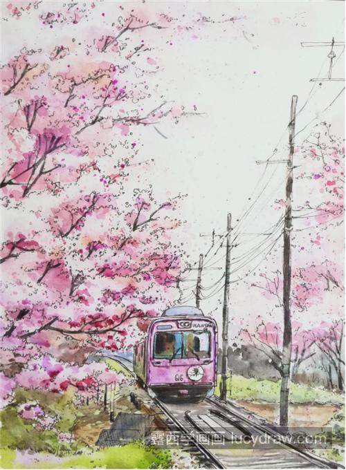 樱花列车怎么画？详细的水彩步骤有哪些？