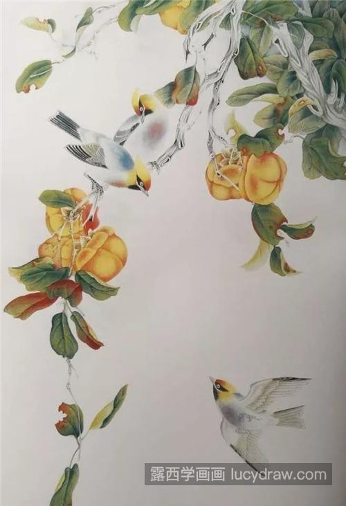 太平鸟怎么画？如何画柿子和太平鸟？