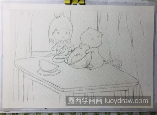 桌上的女孩和猫咪怎么画？儿童绘画步骤有哪些？