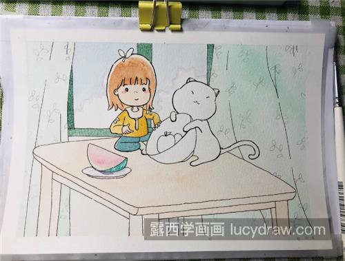 桌上的女孩和猫咪怎么画？儿童绘画步骤有哪些？