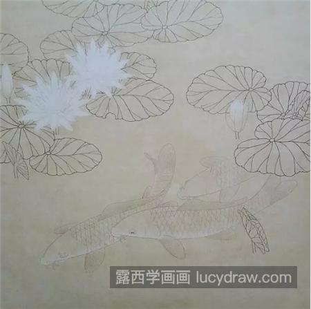 红鲤鱼怎么画？白莲花工笔设色过程有哪些？