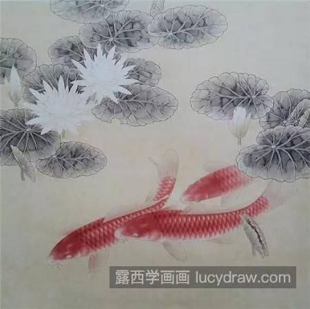 红鲤鱼怎么画？白莲花工笔设色过程有哪些？