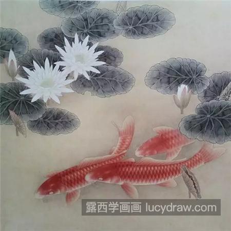 红鲤鱼怎么画？白莲花工笔设色过程有哪些？