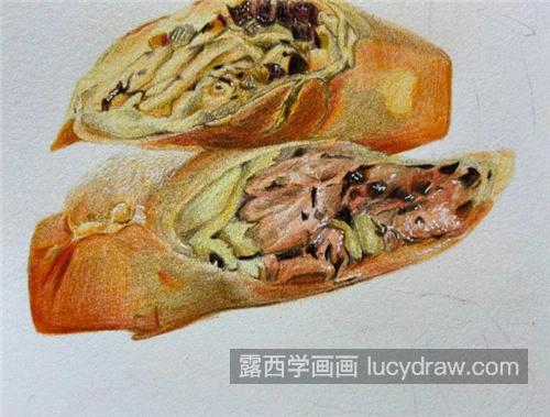 油炸春卷怎么画？春饼彩铅画步骤有哪些？