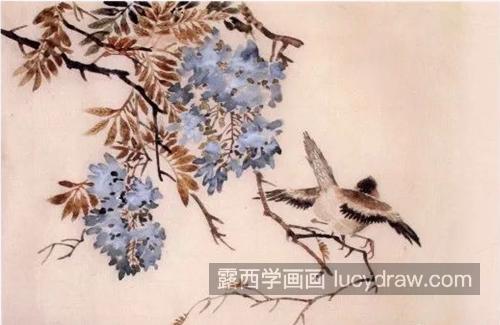 紫藤小鸟怎么画？如何画没骨花鸟？