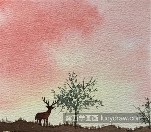 树边的麋鹿怎么画？如何画夕阳背景？