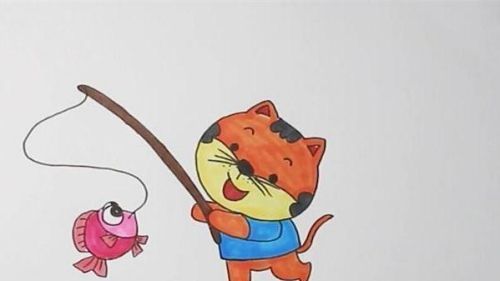 可爱的小猫钓鱼简笔画绘制教程 带颜色的小猫钓鱼简笔画带图