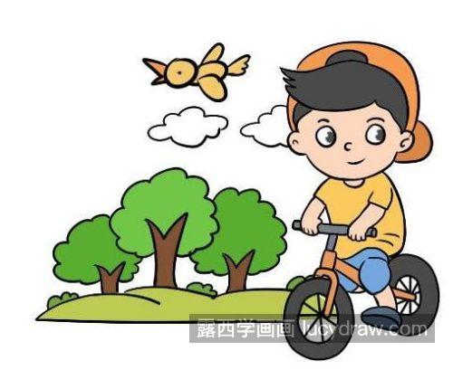 彩色版骑自行车的小朋友简笔画画法 卡通骑自行车的小孩简笔画教程