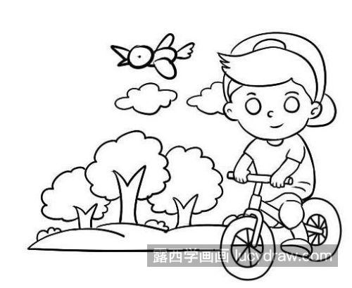 彩色版骑自行车的小朋友简笔画画法 卡通骑自行车的小孩简笔画教程