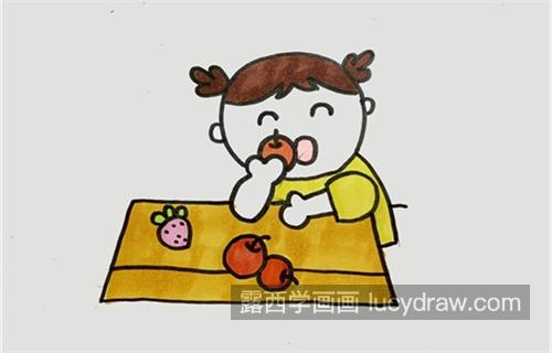 简单吃水果小女孩漂亮简笔画图片大全 彩色吃水果小女孩漂亮简笔画画法